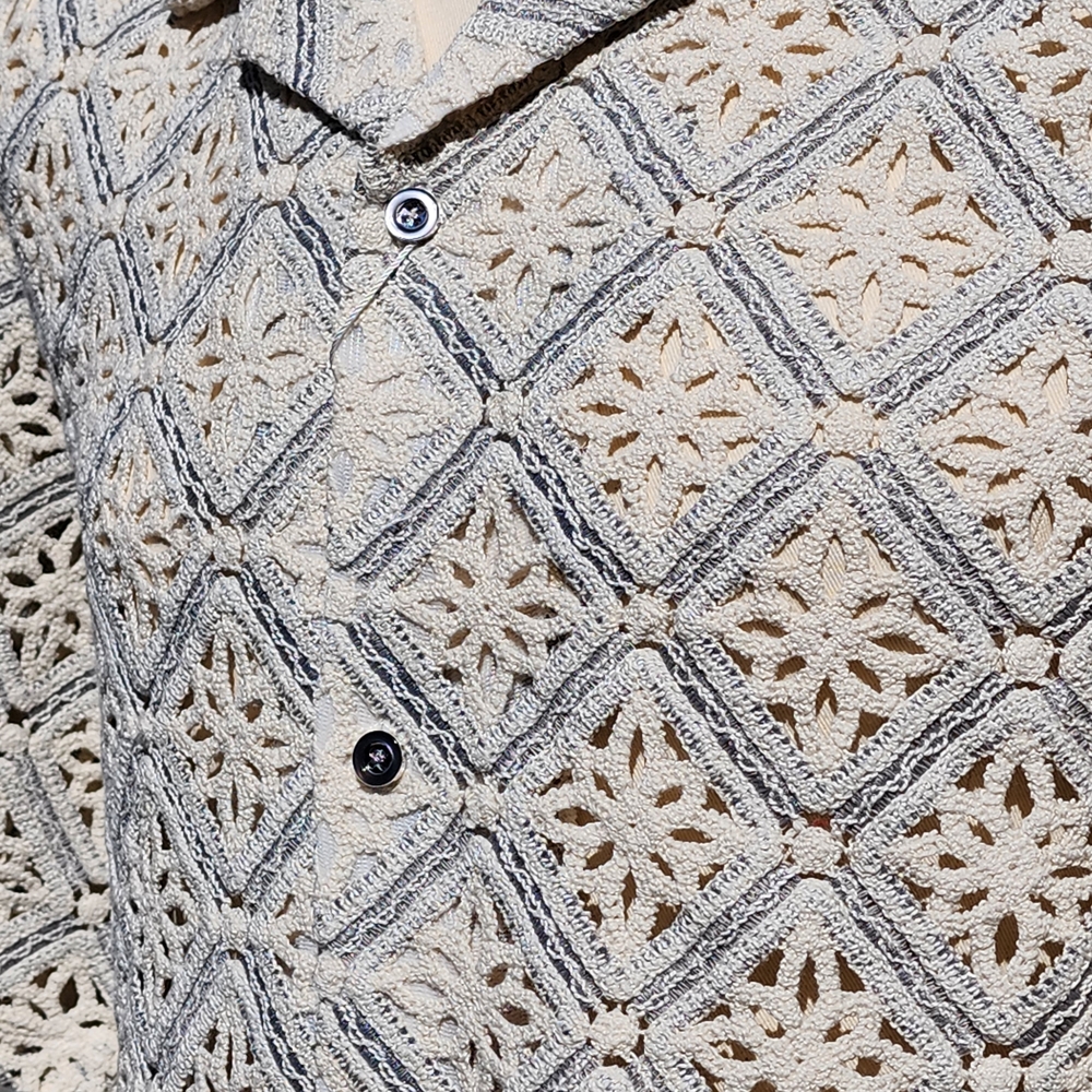 Stacy Adams Men's Gray Geometric Floral Lattice Crochet Woven Shirt Size XL - Picture 6 of 10